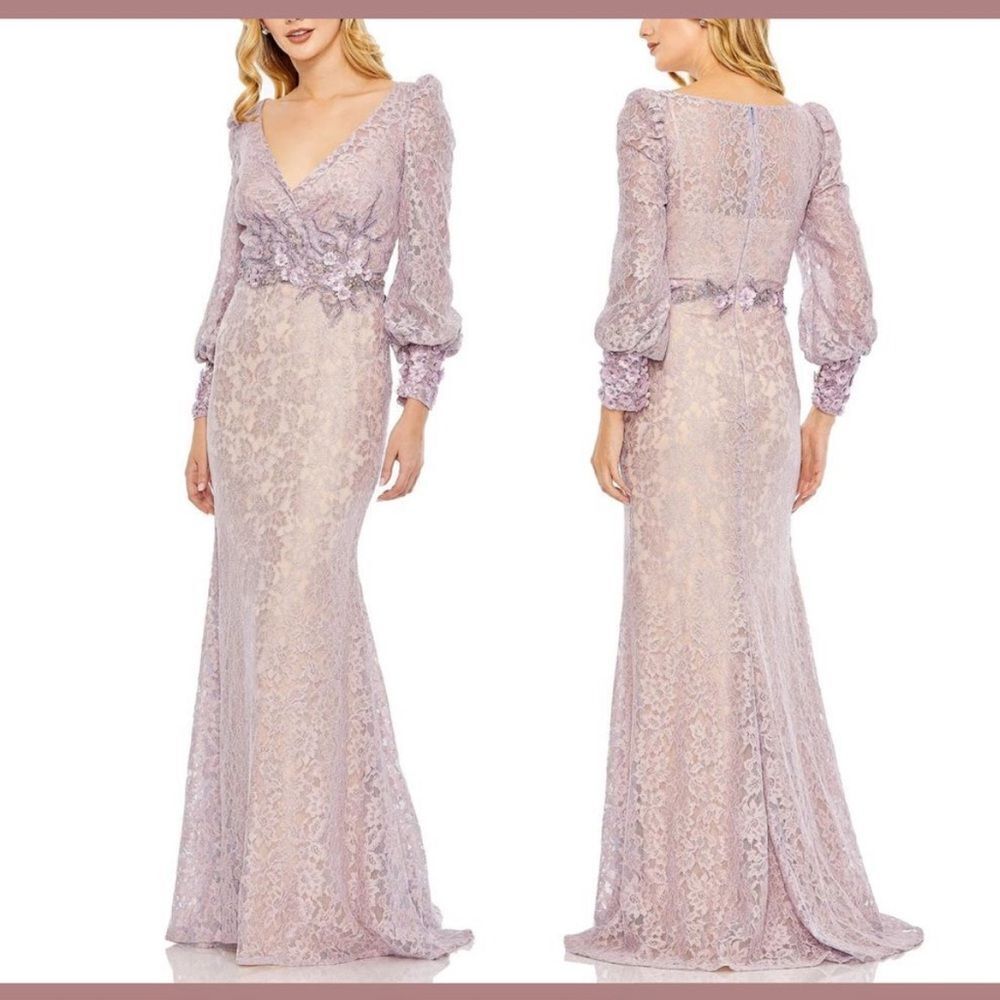 Mac Duggal Lace Long Sleeve V Neck Embellished Gown Vintage Lilac size 10 NWT